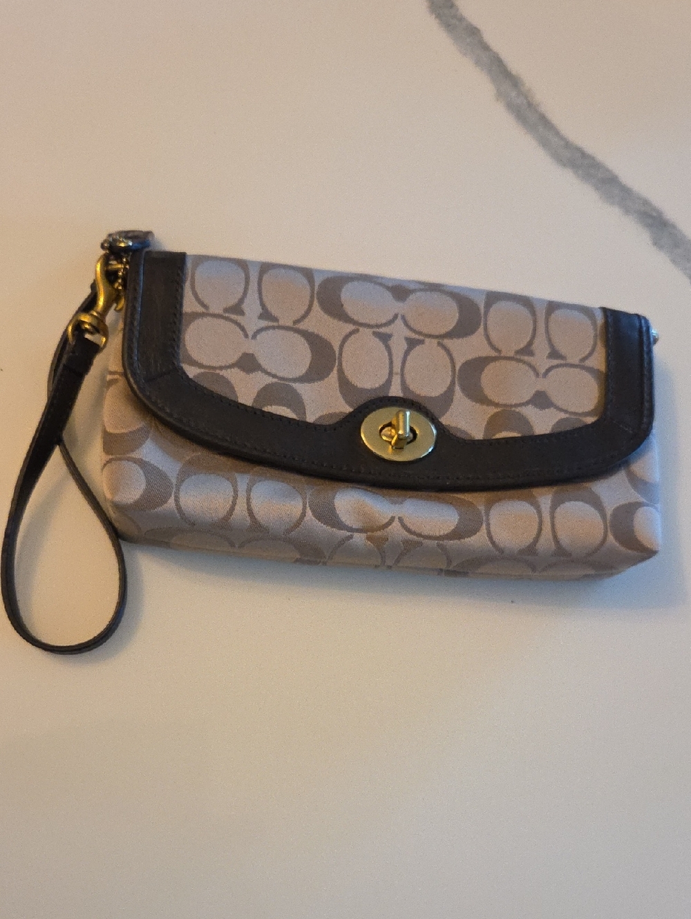 Coach Beige Signature Canvas Wristlet with Brown Trim